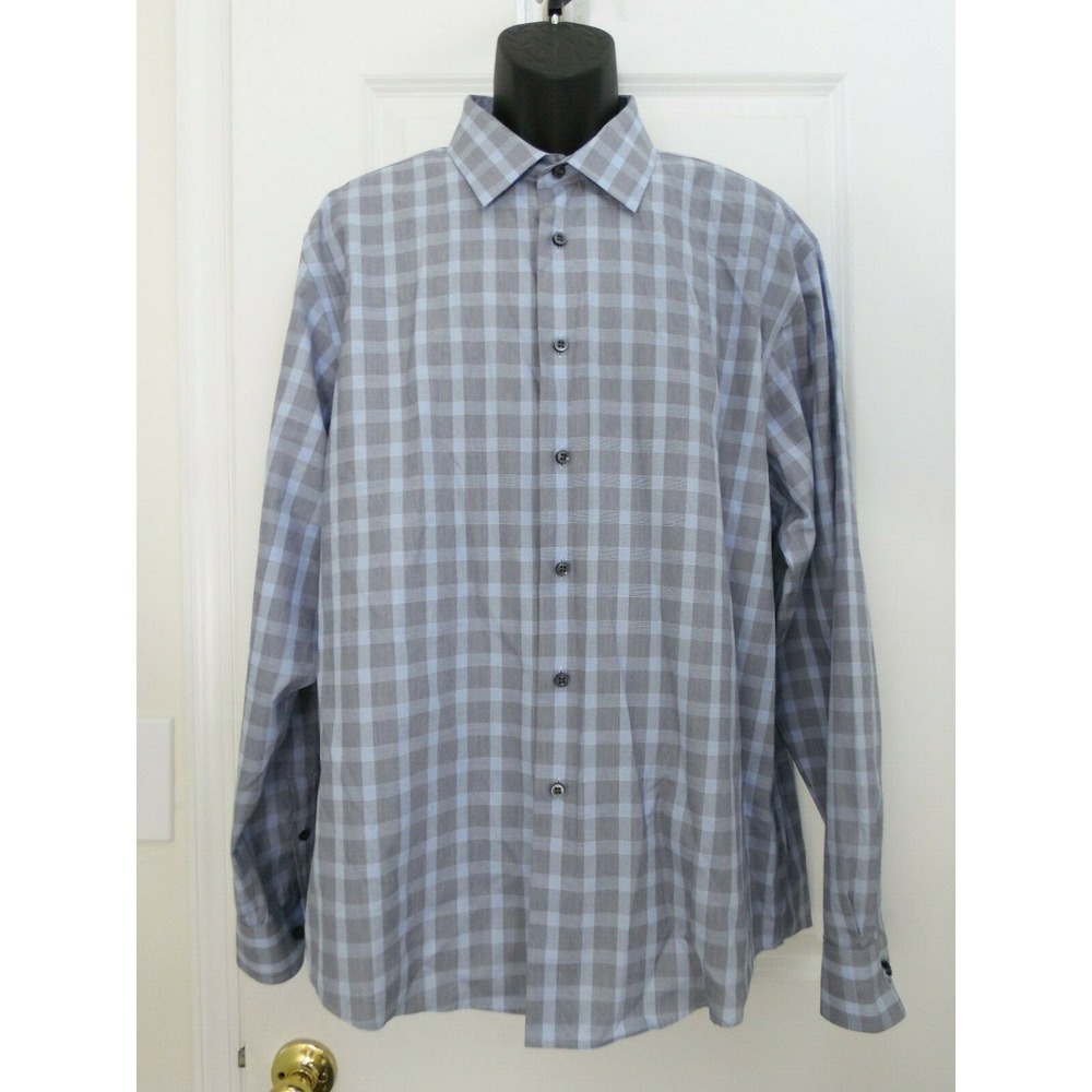 Egara Mens Blue Gray Check Non‎ Iron Long Sleeve Button Down Shirt Size XLarge